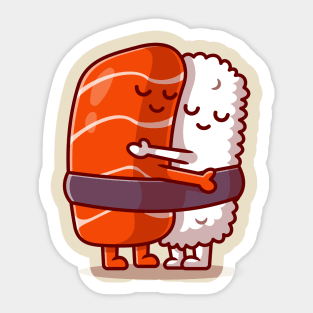 Cute Sushi Salmon Couple Hug Cartoon Sticker